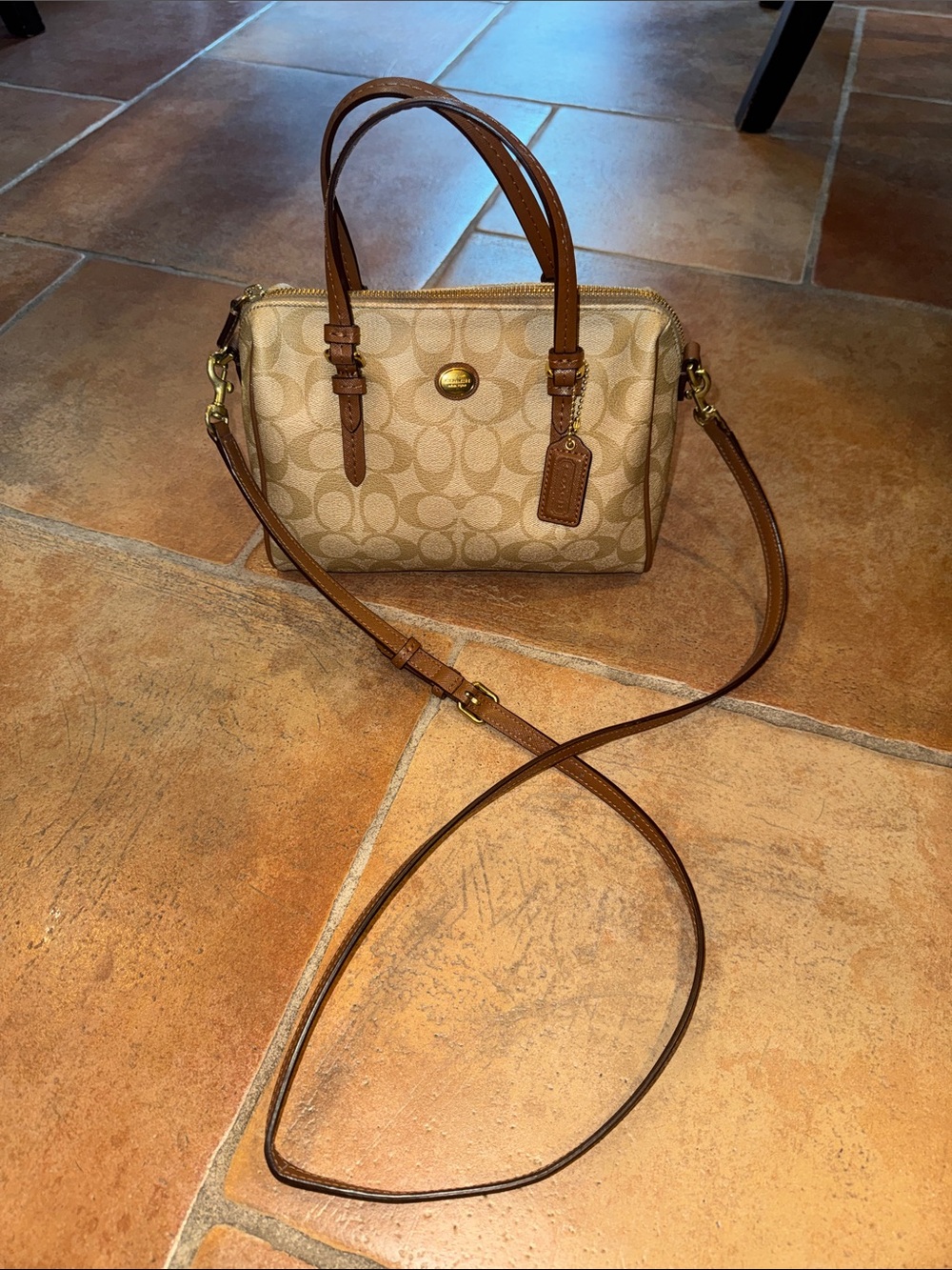 Coach Peyton Signature Print Bennett Mini Satchel Crossbody Bag Khaki/Brown